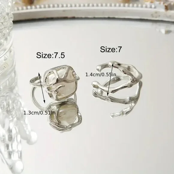 2pc Ring Set Pearl SIlver Adjustable Modern Boho Glam Style Fab Unique Hollywood - Picture 4 of 4